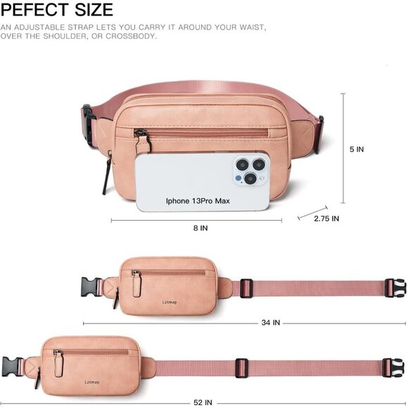 LATMAP 2L Fanny Pack, Faux Leather Waterproof Crossbody Waist Bag, Light-Pink - Picture 3 of 7